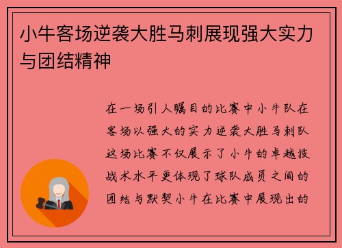 小牛客场逆袭大胜马刺展现强大实力与团结精神