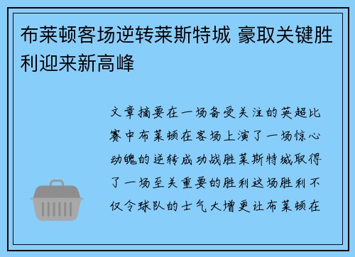 布莱顿客场逆转莱斯特城 豪取关键胜利迎来新高峰