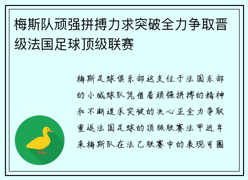 梅斯队顽强拼搏力求突破全力争取晋级法国足球顶级联赛