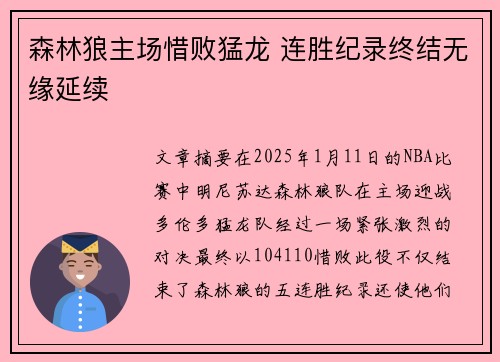 森林狼主场惜败猛龙 连胜纪录终结无缘延续