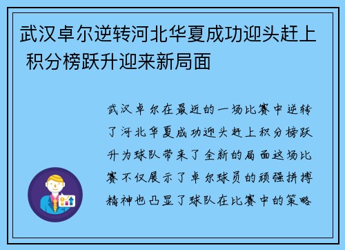 武汉卓尔逆转河北华夏成功迎头赶上 积分榜跃升迎来新局面