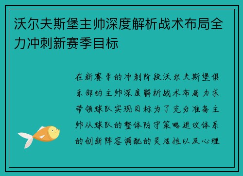 沃尔夫斯堡主帅深度解析战术布局全力冲刺新赛季目标