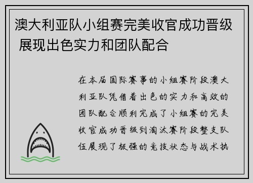 澳大利亚队小组赛完美收官成功晋级 展现出色实力和团队配合