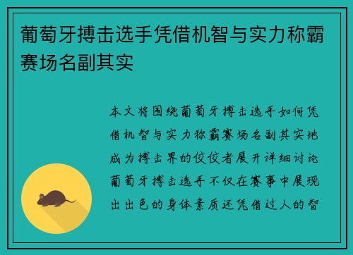 葡萄牙搏击选手凭借机智与实力称霸赛场名副其实
